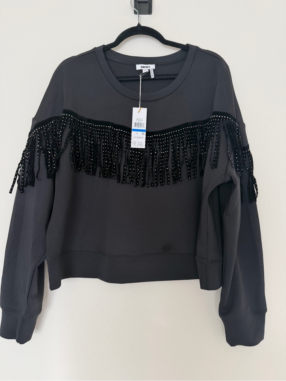 DKNY Black Fringe & Stud Embellished Crew Sweatshirt